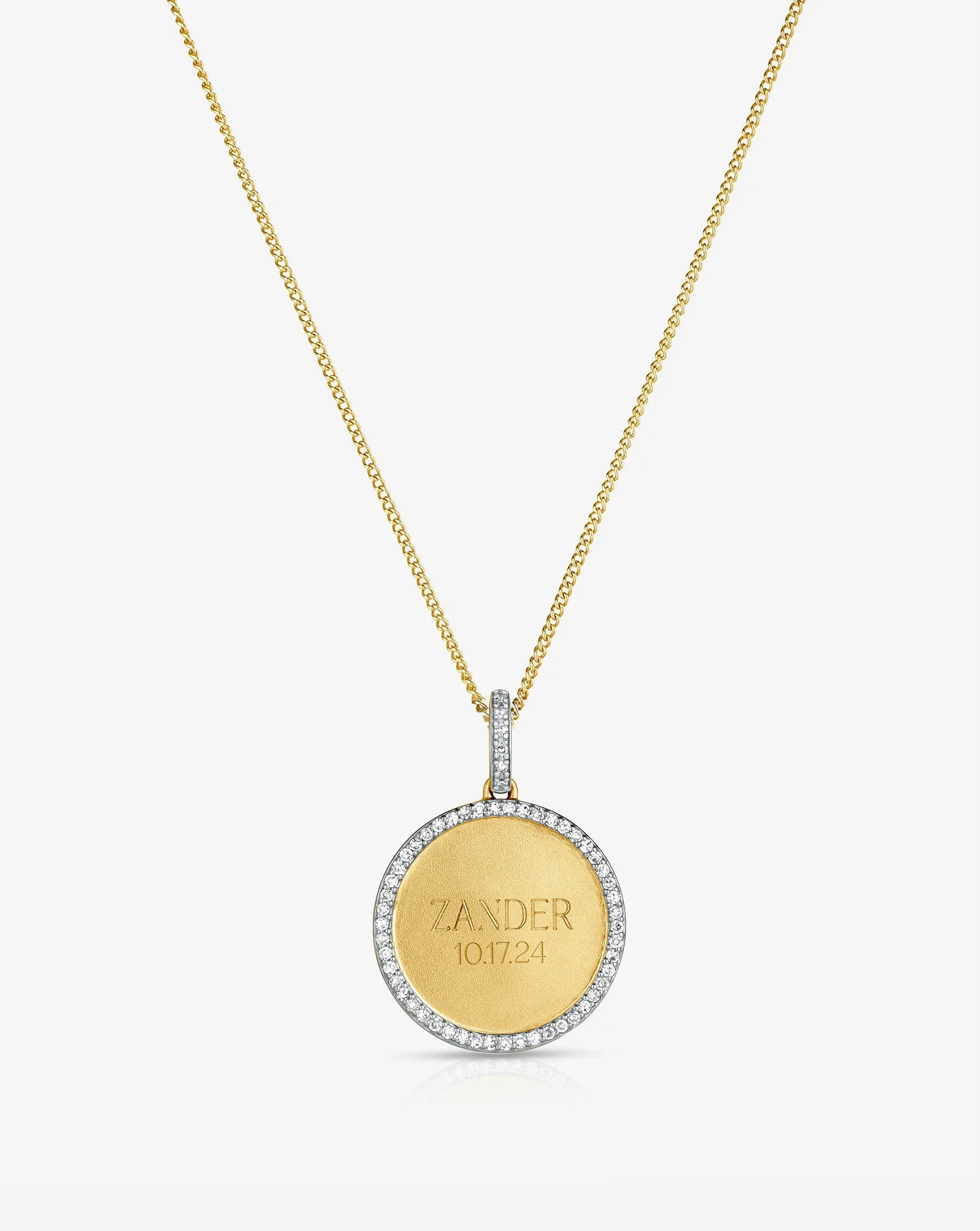 Pav Border Engravable Round Pendant Necklace