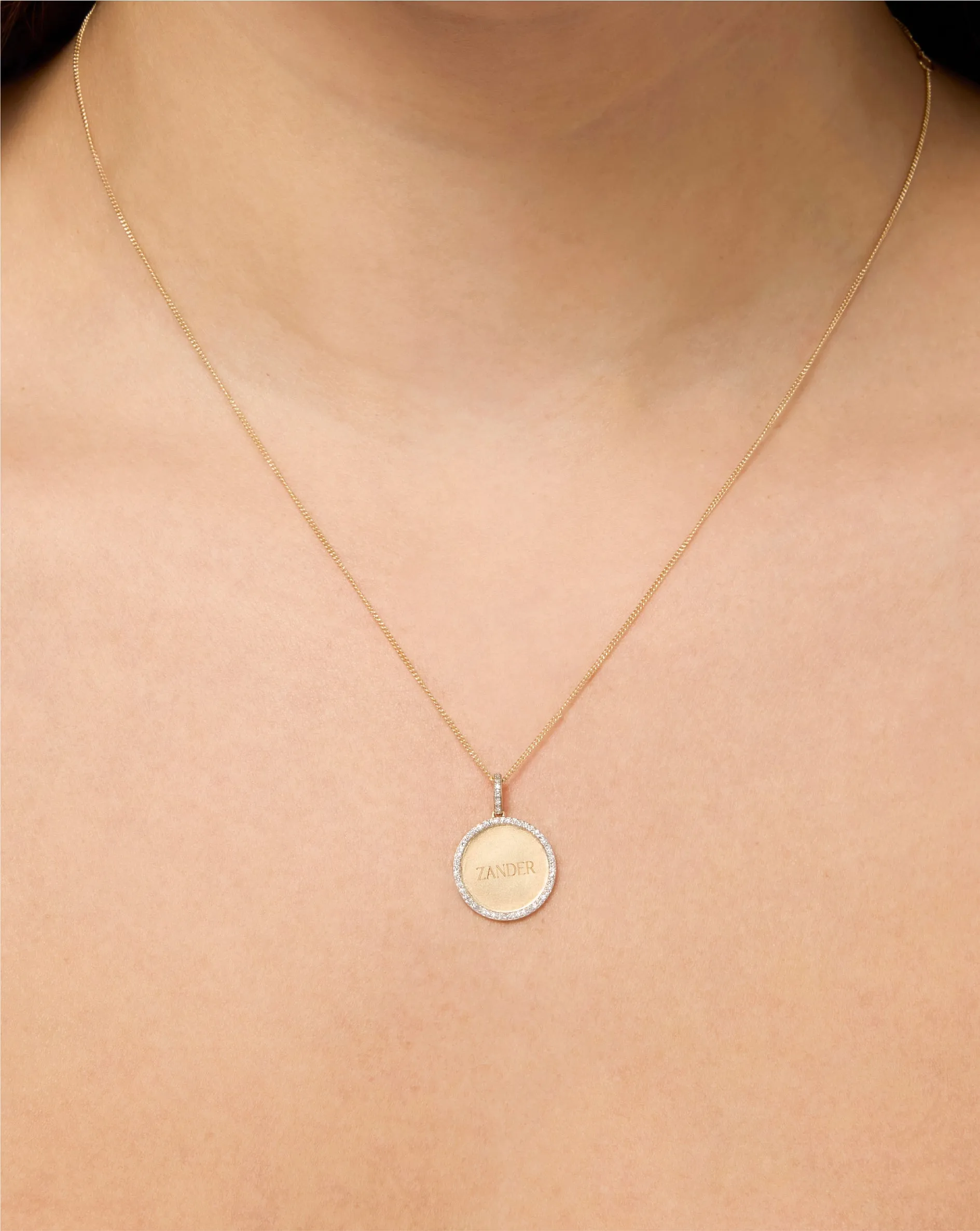 Pav Border Engravable Round Pendant Necklace