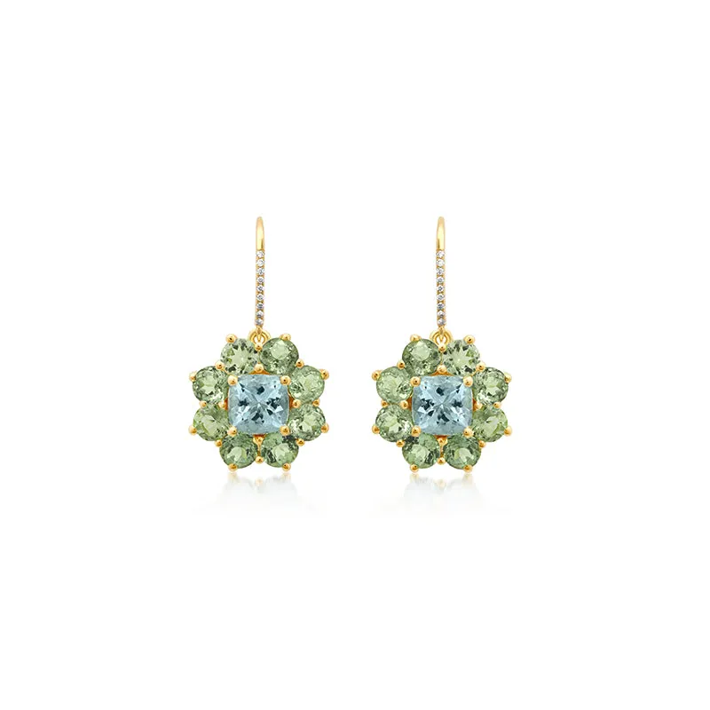 Petite Statement Mint Tourmaline Flower Drop Earrings with Aquamarine Center