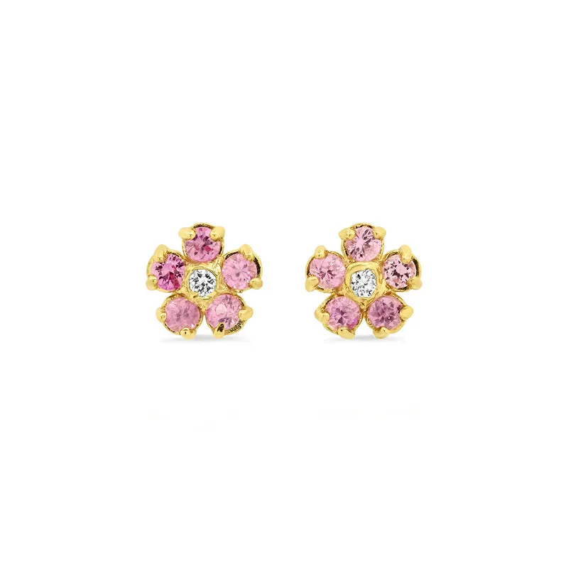 Pink Sapphire Flower Studs with Diamond Center