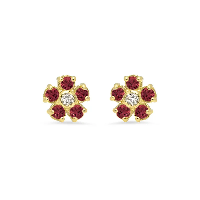 Ruby Flower Studs with Diamond Center
