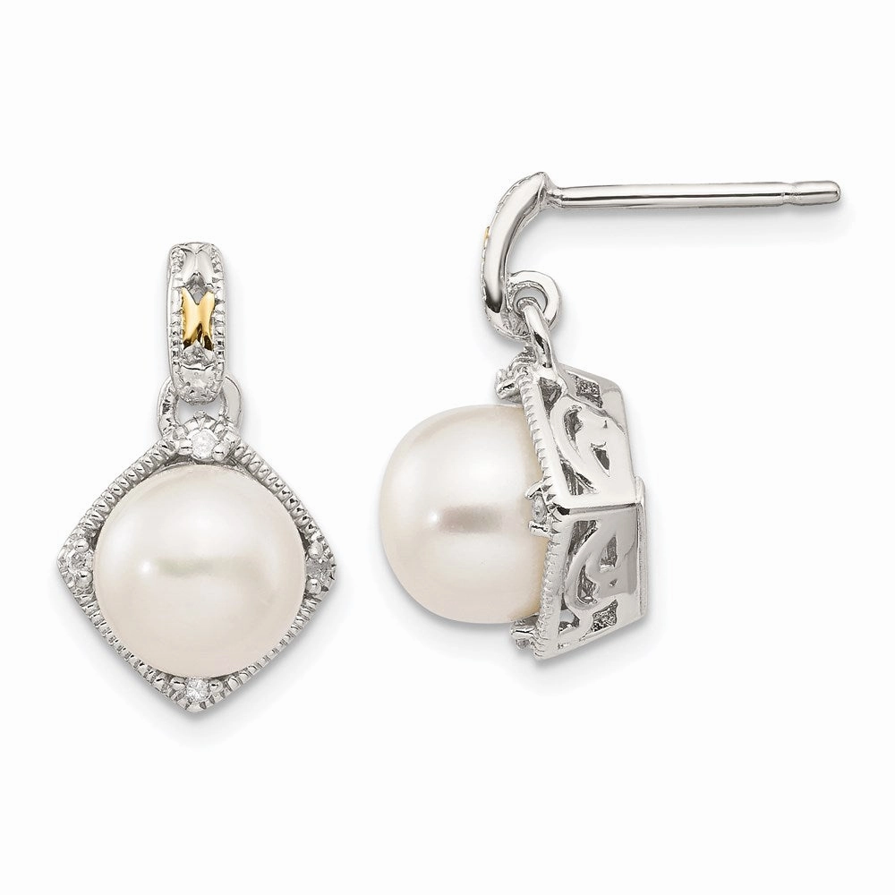 Shey Couture Sterling Silver Rhodium-plated with 14K Accent 7.5-8mm Freshwater Cultured Pearl and Diamond Dangle Post Earrings