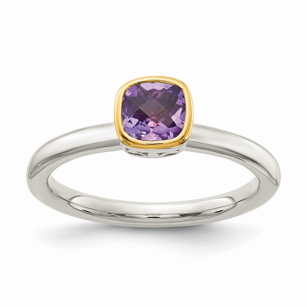 Shey Couture Sterling Silver Rhodium-plated with 14K Accent Polished Cushion-cut Amethyst Ring
