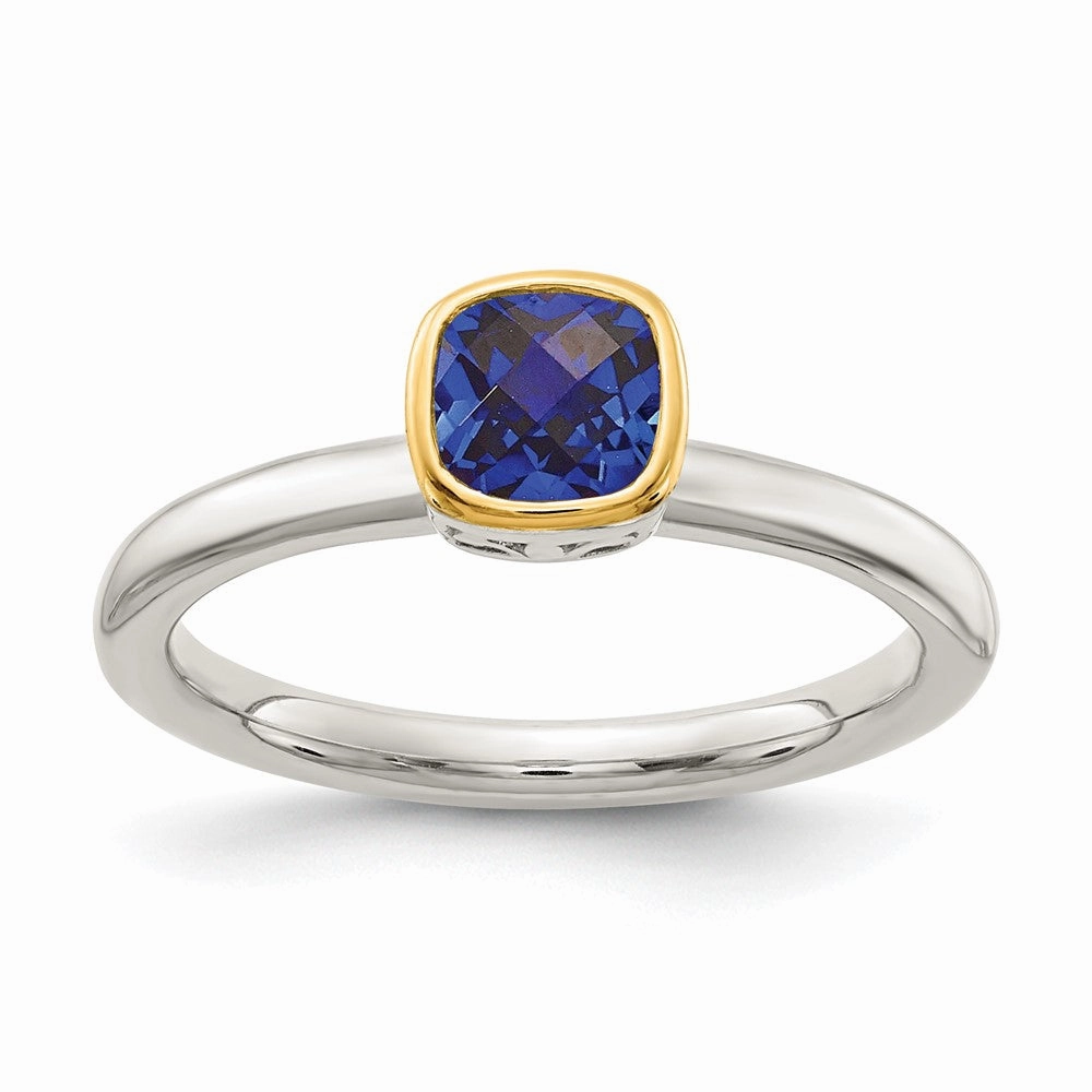 Shey Couture Sterling Silver Rhodium-plated with 14K Accent Polished Cushion-cut Created Sapphire Ring