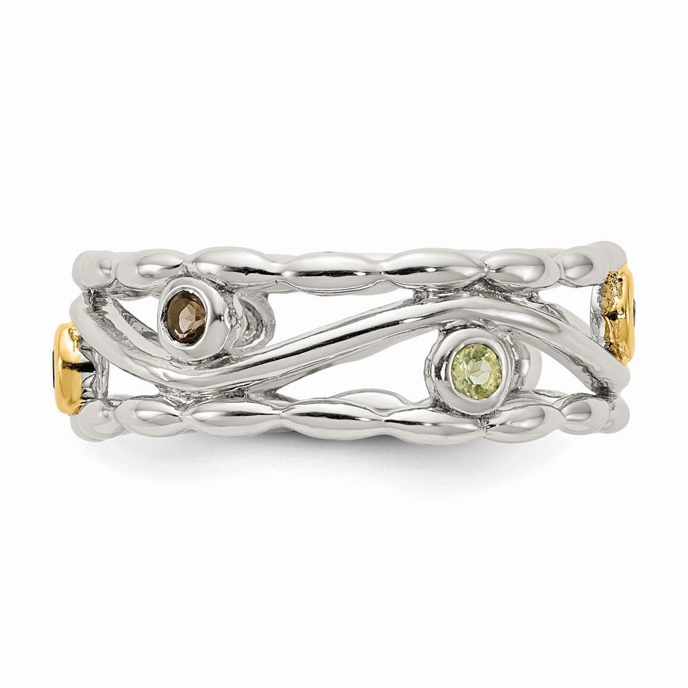 Shey Couture Sterling Silver Rhodium-plated with 14K Accent Round Bezel Amethyst Blue Topaz/Citrine/Garnet/Peridot and Smoky Quartz Ring