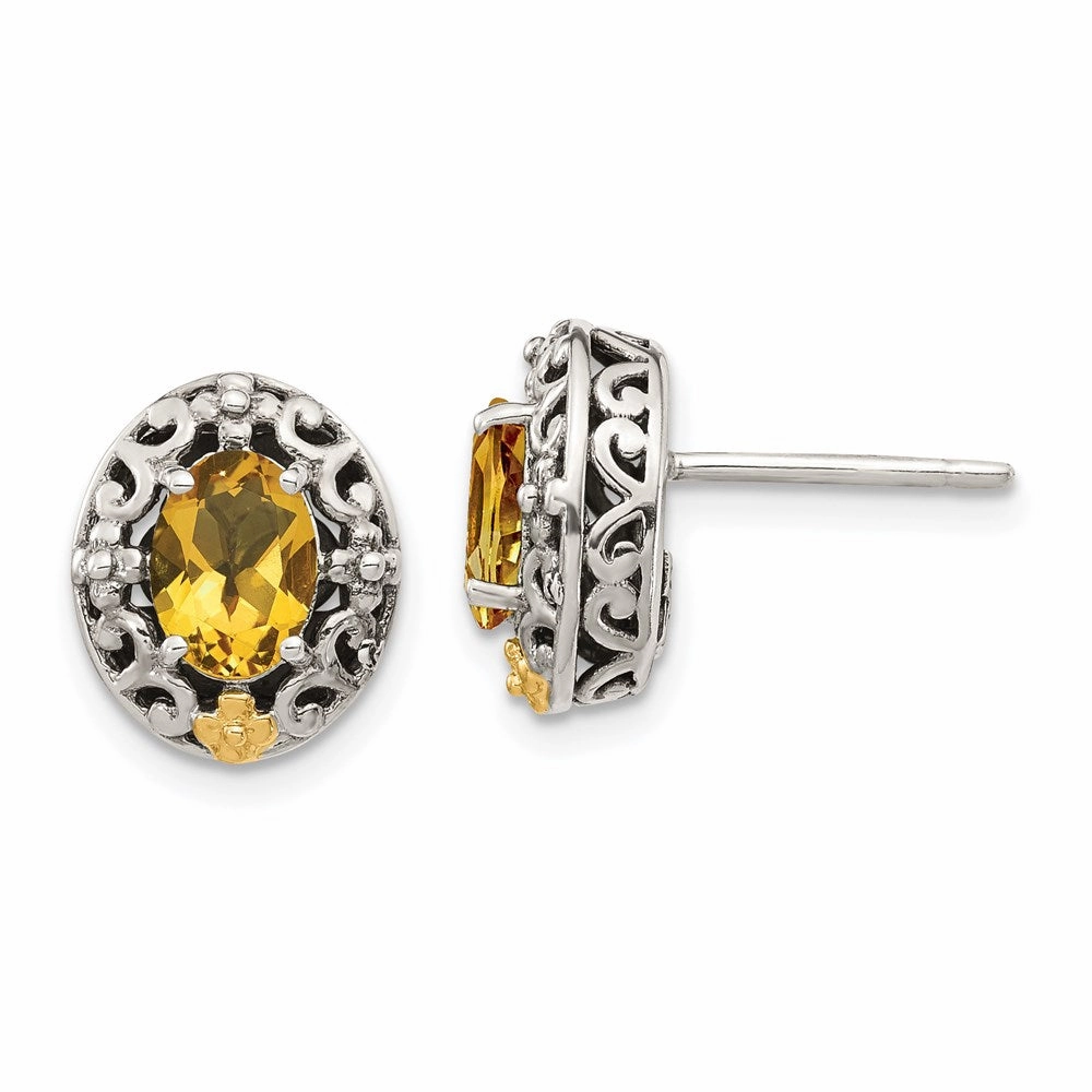 Shey Couture Sterling Silver with 14K Accent Antiqued Oval Citrine Post Earrings