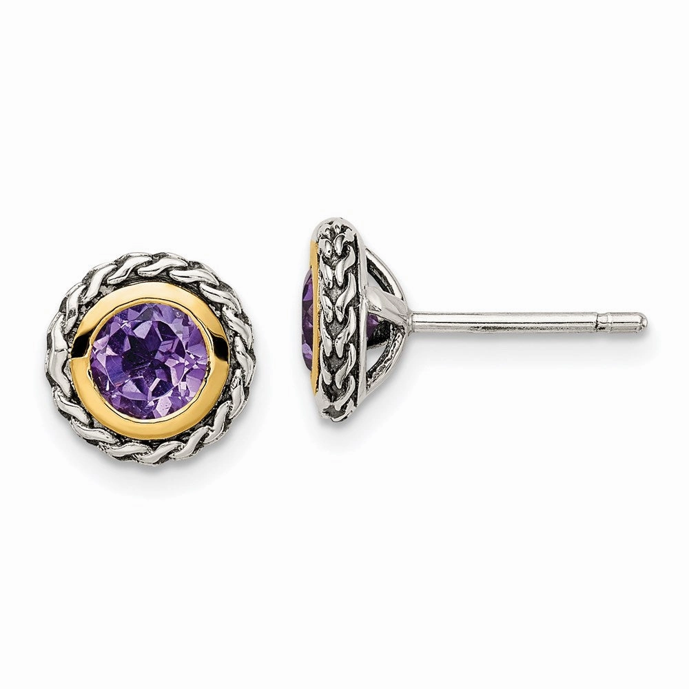 Shey Couture Sterling Silver with 14K Accent Antiqued Round Bezel Amethyst Post Earrings