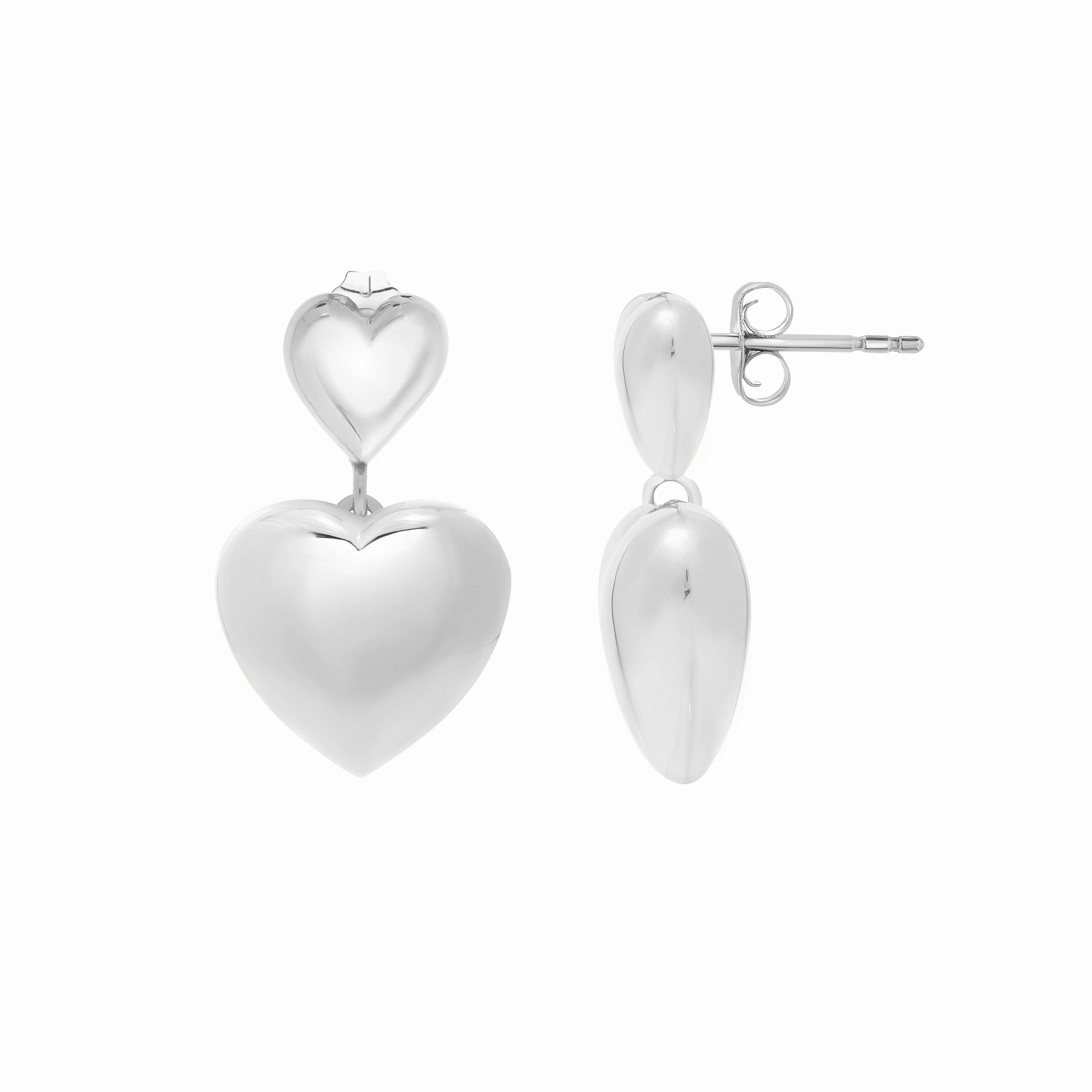 Silver Puffed Double Heart Drop Earrings