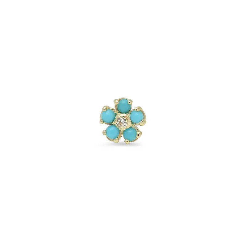 Single Turquoise Flower Stud with Diamond Center