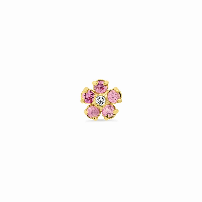 Single Pink Sapphire Flower Studs with Diamond Center