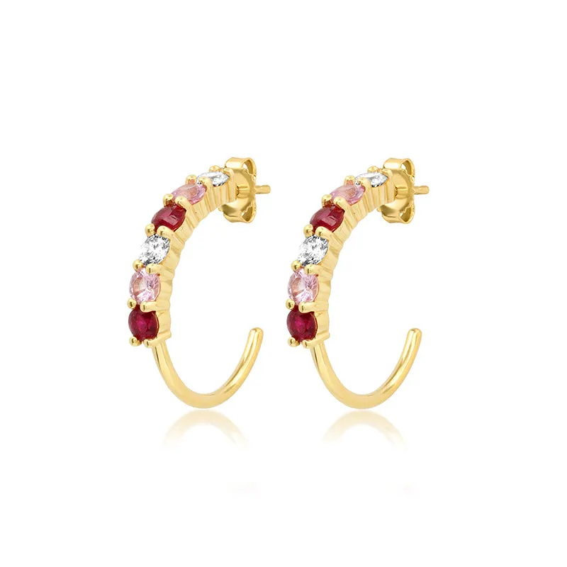 Small 4-Prong Diamond, Pink Sapphire, and Ruby Hoops