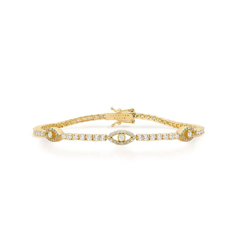 Small 4 Prong Diamond Tennis Bracelet with 3 Mini Open Evil Eye Accents