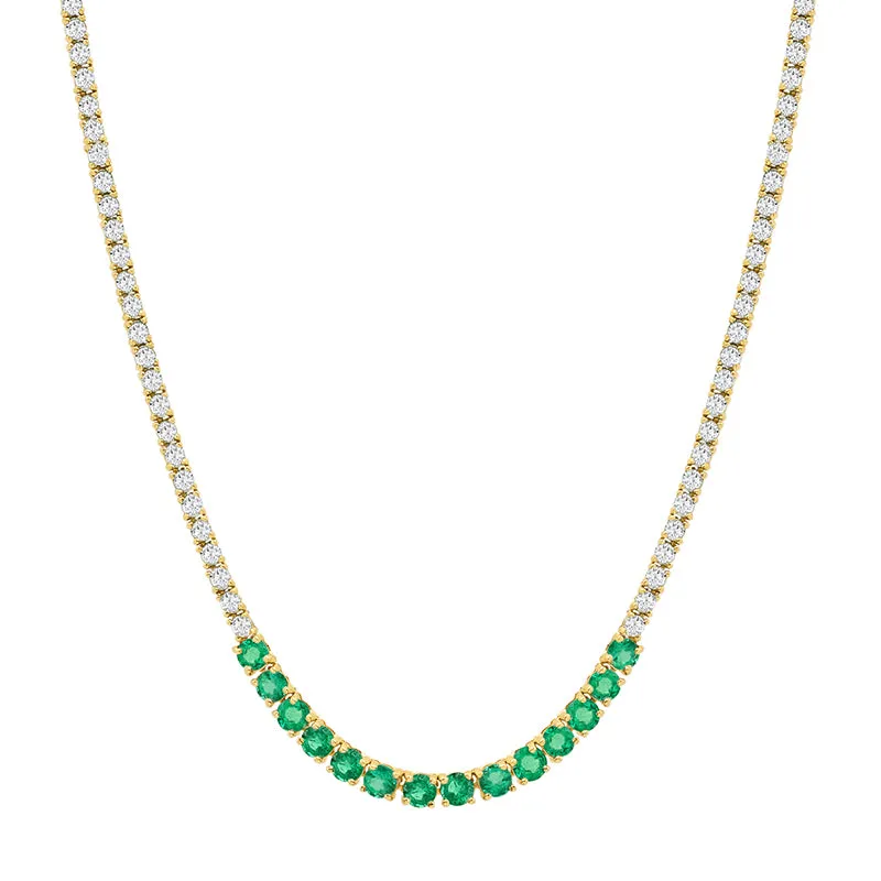 Small 4-Prong Diamond Tennis Necklace with Large 4-Prong Emerald Accent