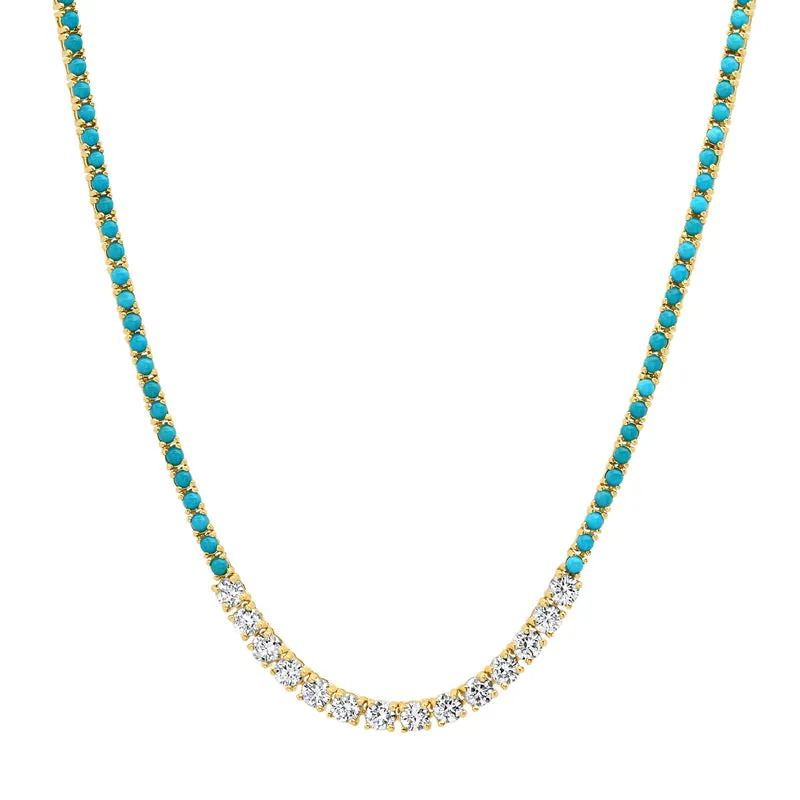 Small 4-Prong Turquoise Tennis Necklace with Large 4-Prong Diamond Accent