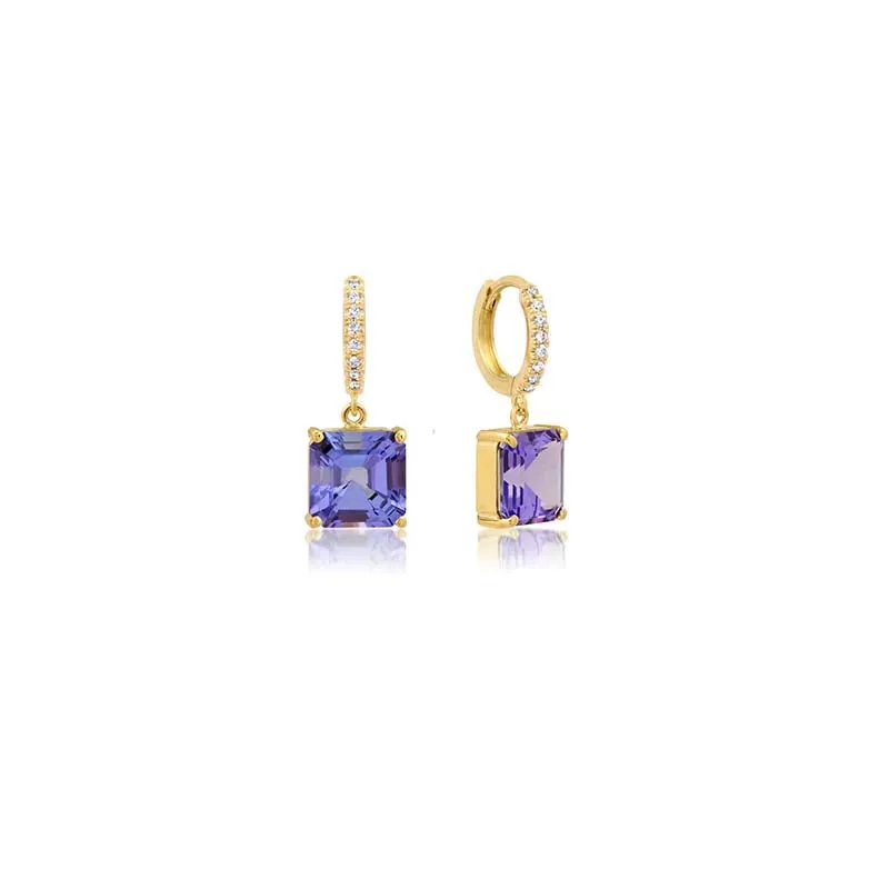 Small Diamond Huggies with Princess Cut Tanzanite Drop
