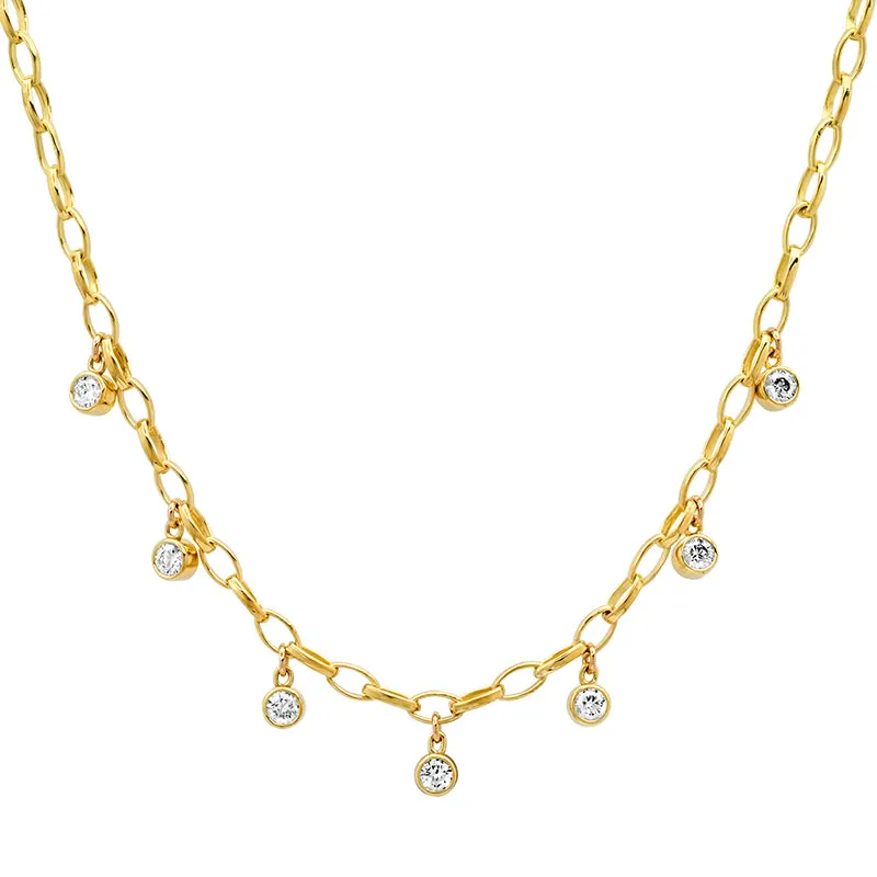 Small Edith Link Necklace with 7 Diamond Bezel Dangle