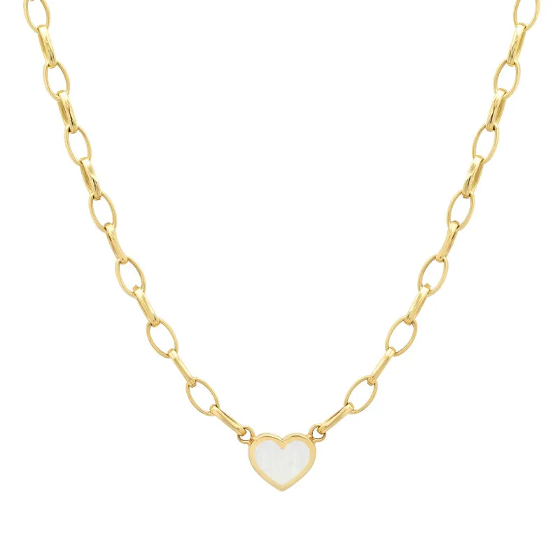 Small Edith Link Necklace with Mother Of Pearl Inlay Heart