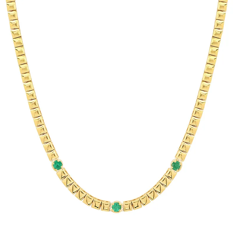 Square Tennis Necklace with 3 Illusion Set Emerald Accents