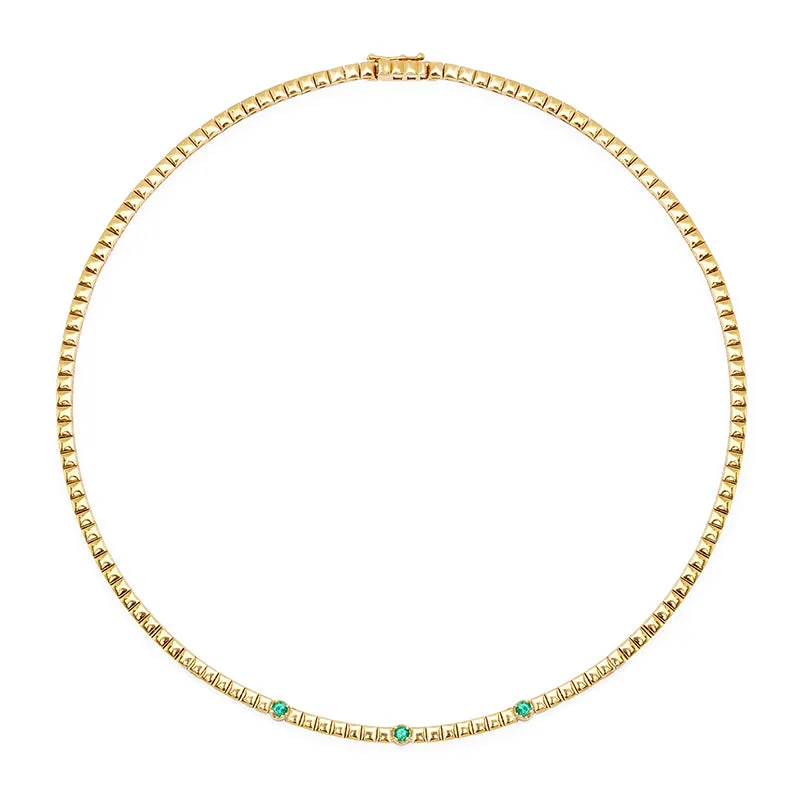 Square Tennis Necklace with 3 Illusion Set Emerald Accents