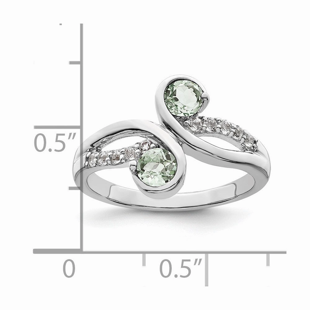 SS Rhod-plated .6t.w. Green Quartz & White Topaz Swirl Ring