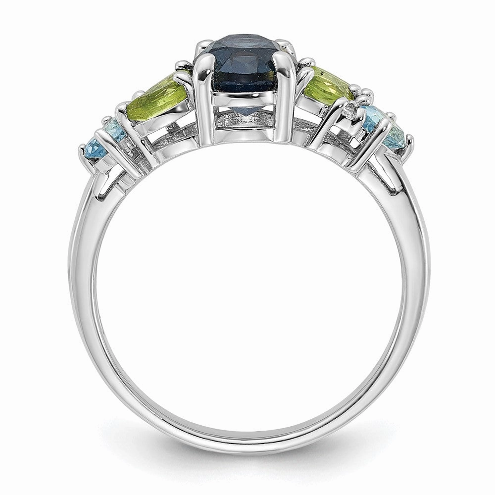 SS Rhodium London Lt.Swiss Blue/White Topaz and Peridot Ring