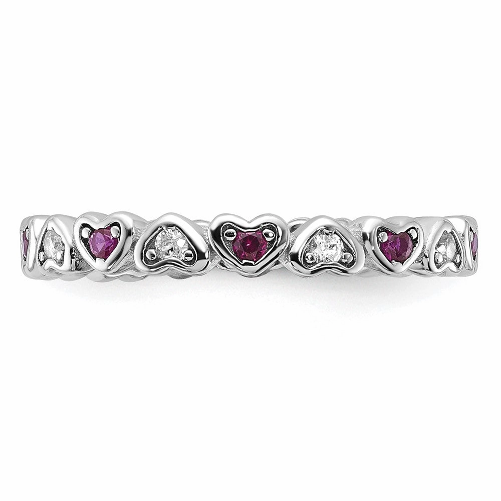SS Rhodium-plated .14Lab Cr. Ruby and .27Cr. Wh Sapphire Heart Ring