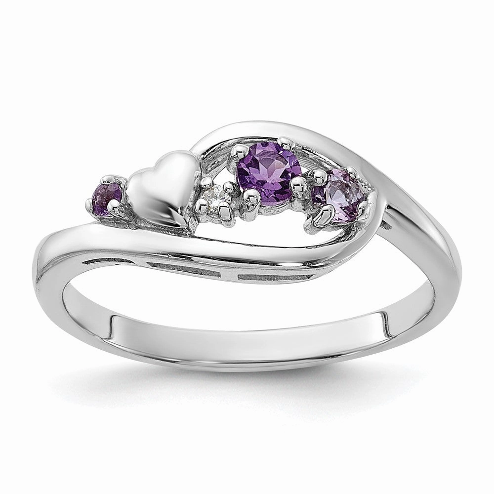 SS Rhodium-plated Amethyst Pink Quartz and CZ with Heart Ring