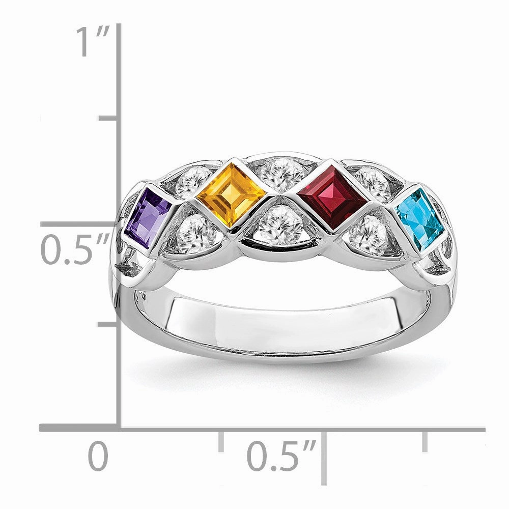 SS Rhodium-plated w/CZ, Amethyst, Citrine, Garnet & Blue Topaz Ring