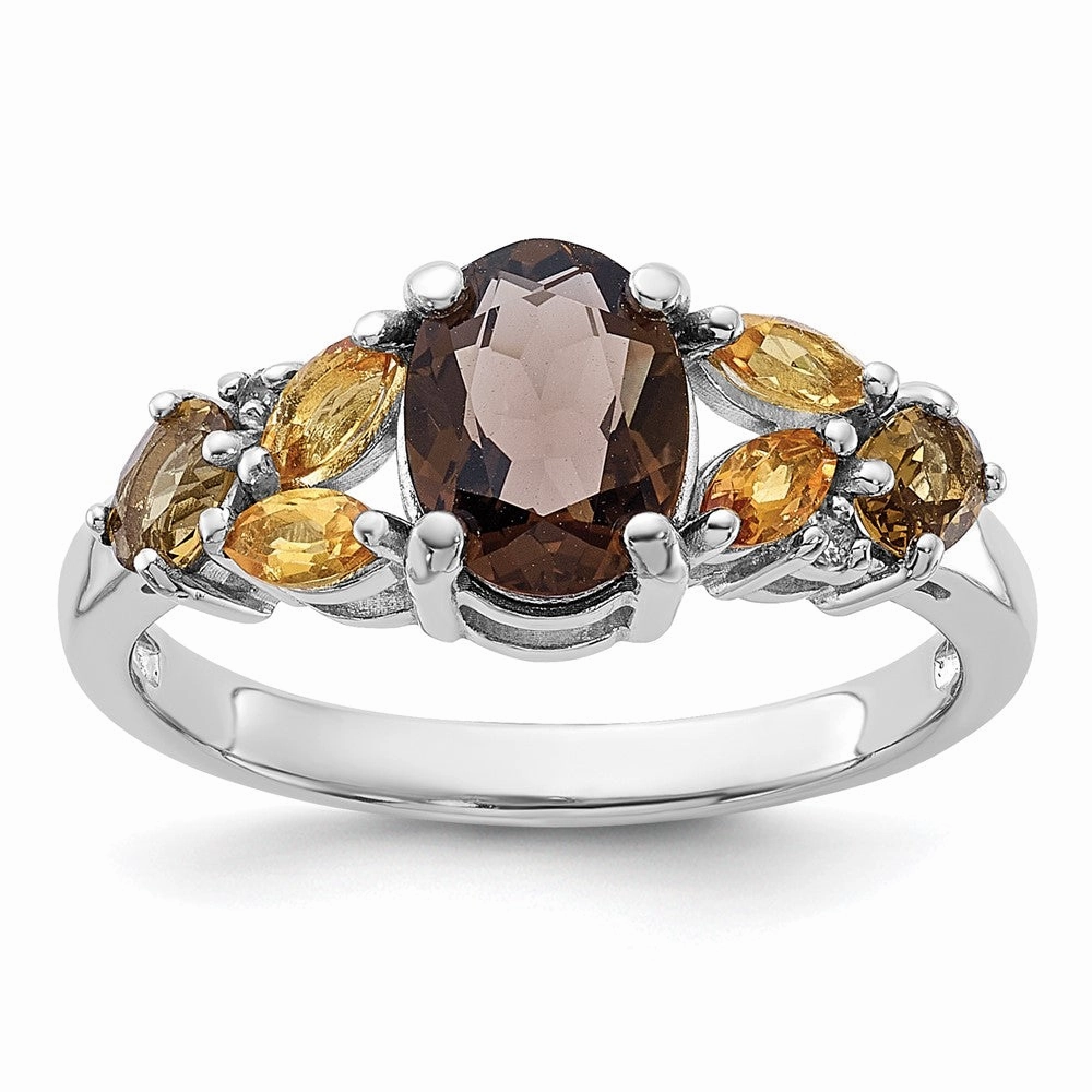 SS Rhodium Smoky and Whiskey Quartz Citrine White Topaz Ring