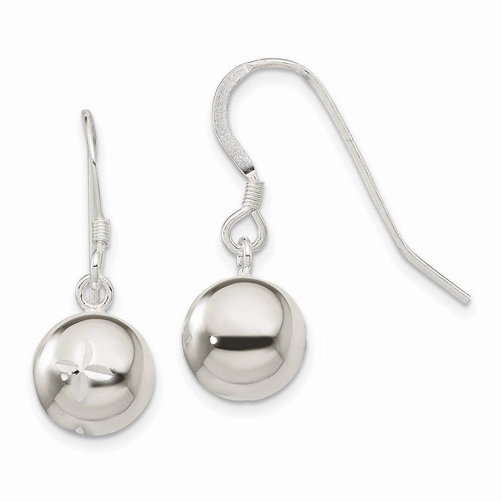 Sterling Silver 10mm Diamond Cut Bead Dangle Earrings