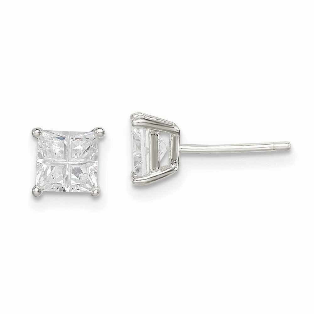 Sterling Silver 5mm Square Cross-cut CZ Basket Set Stud Earrings