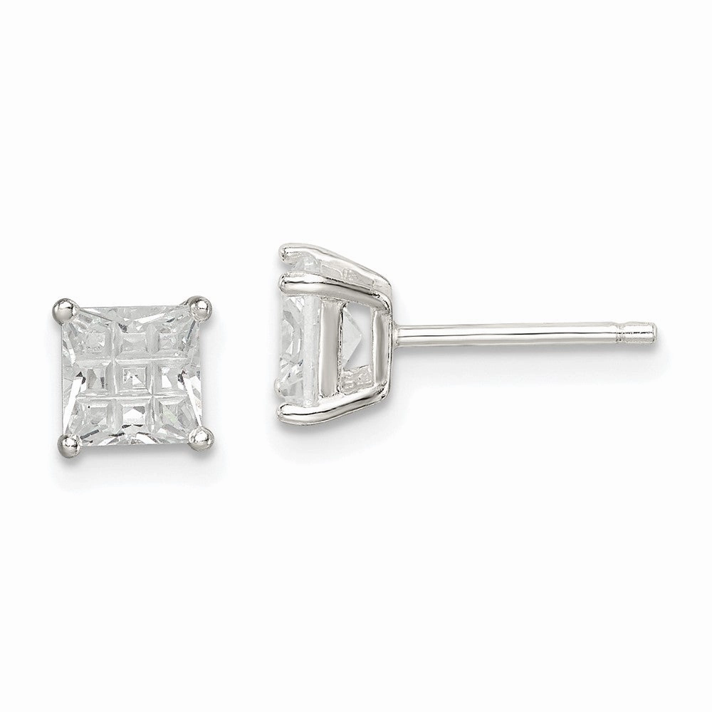 Sterling Silver 5mm Square Laser-cut CZ Basket Set Stud Earrings