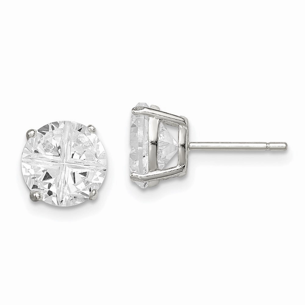 Sterling Silver 8mm Round Basket Set Cross-cut CZ Stud Earrings