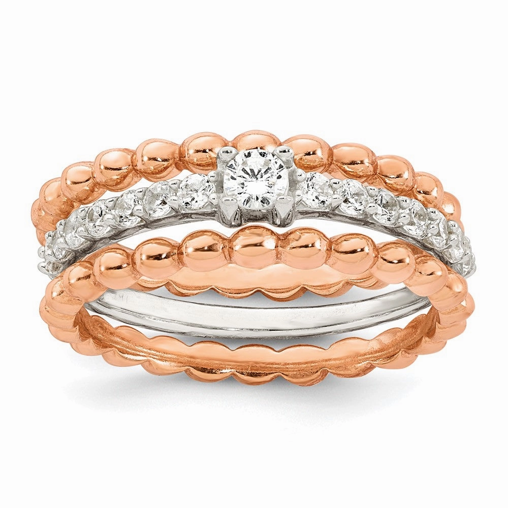 Sterling Silver and Rose-tone Polished Round White CZ Ring with 2 Beaded Bands Size 6 Three Ring Set