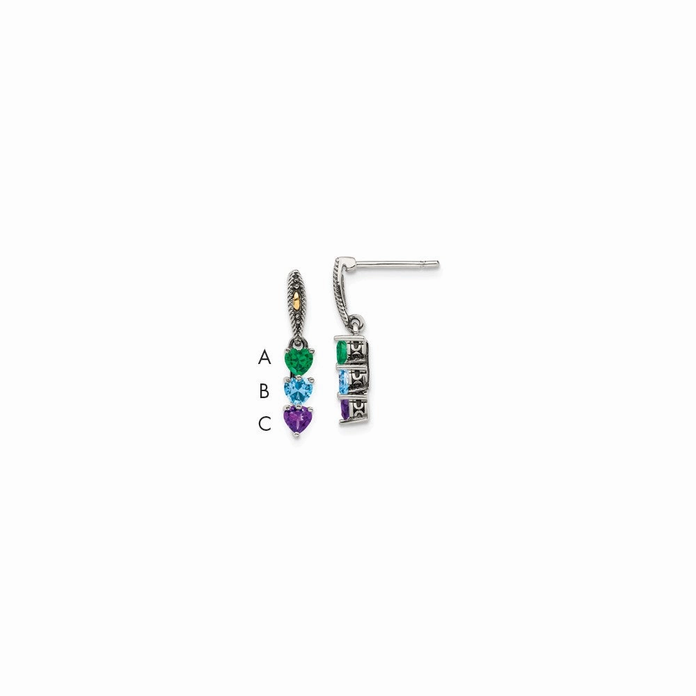 Sterling Silver Antiqued w/14k 3-stone Mother's Earring