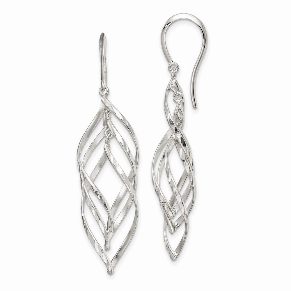 Sterling Silver Fancy Polished & Diamond-cut Twisted Dangle Earrings