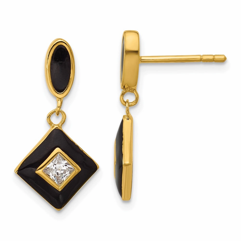 Sterling Silver Gold-plated CZ and Black Enameled Dangle Post Earrings