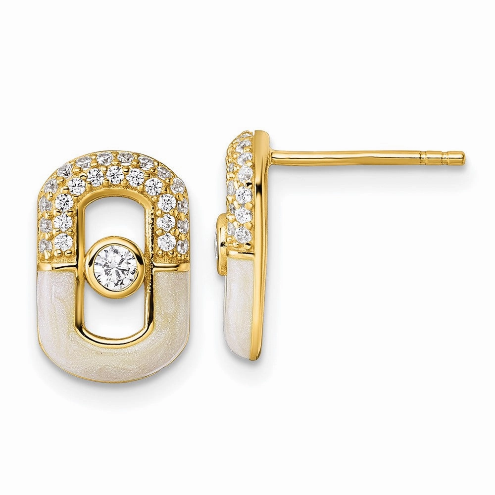 Sterling Silver Gold-tone CZ and Champagne Enamel Rectangle Post Earrings