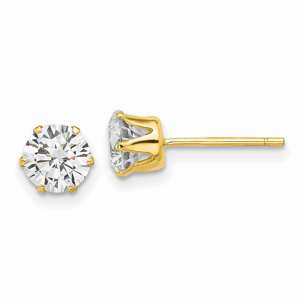 Sterling Silver Gold-tone Polished 6 Prong 6mm CZ Post Stud Earrings