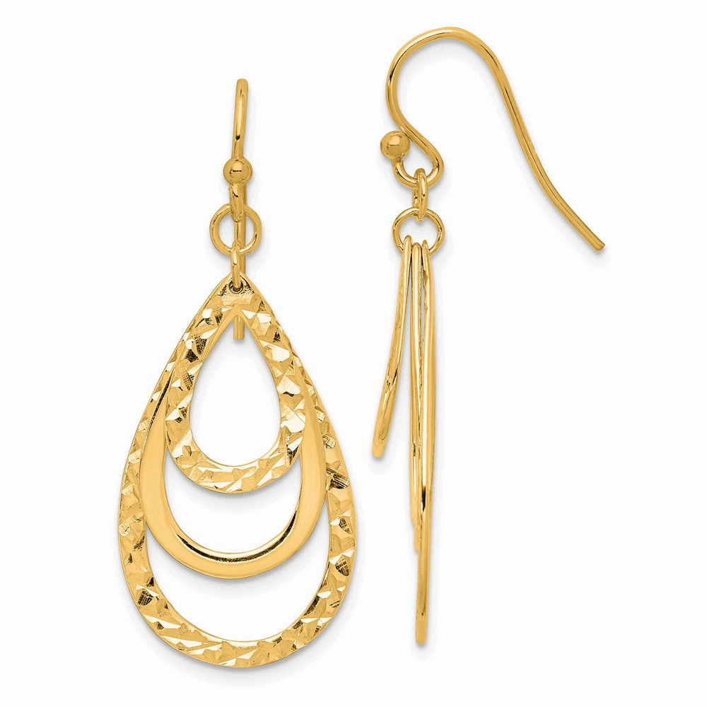 Sterling Silver Gold-tone Polished & Diamond-cut Triple Teardrop Dangle Ear