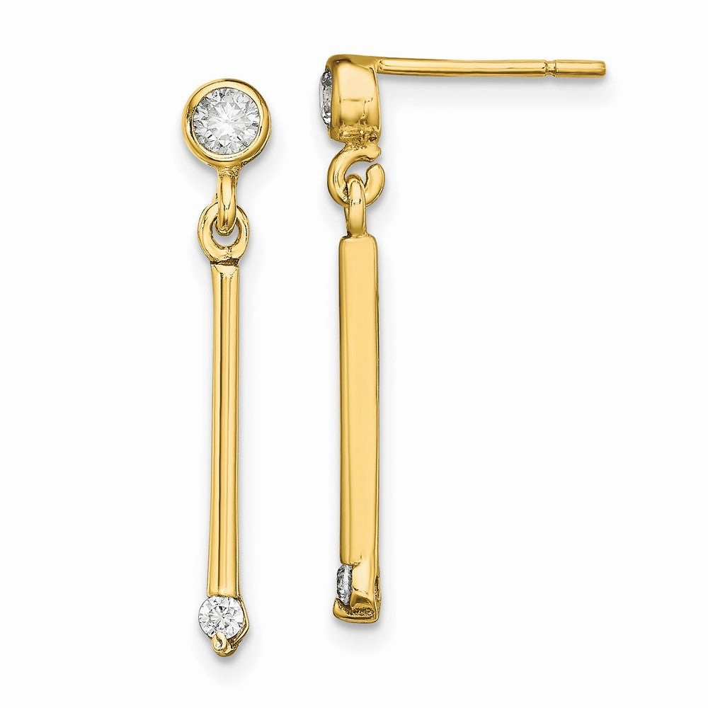 Sterling Silver Gold-tone Polished Bar w/ CZ Post Dangle Earrings