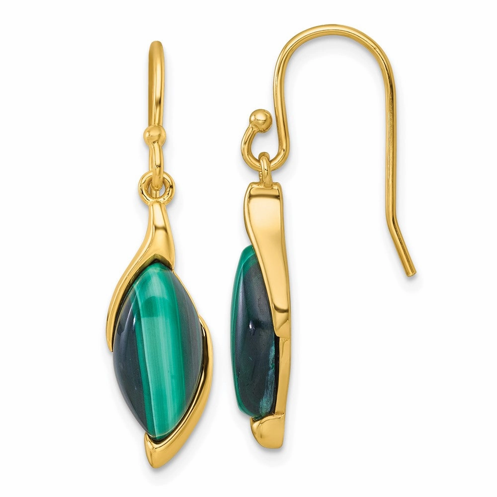 Sterling Silver Gold-Tone Polished Fancy Marquise Malachite Cabochon Dangle Shepherd Hook Earrings