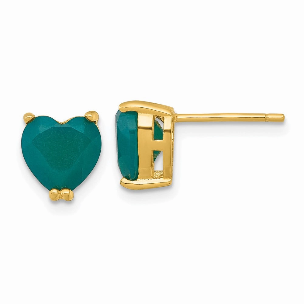 Sterling Silver Gold-tone Polished Green Chalcedony Heart Post Earrings