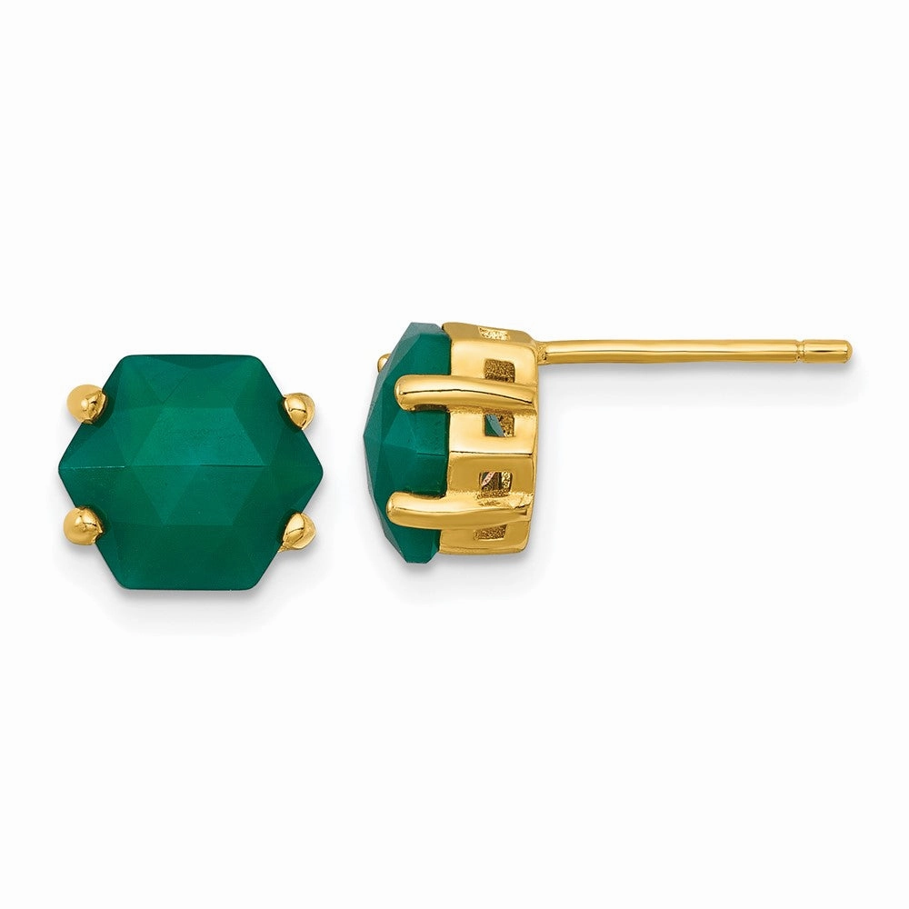 Sterling Silver Gold-tone Polished Hexagon Green Chalcedony Post Earrings