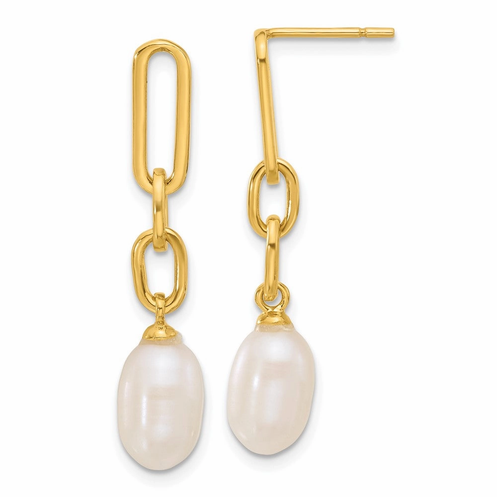 Sterling Silver Gold-tone Polished Synthetic Pearl Link Dangle Earrings
