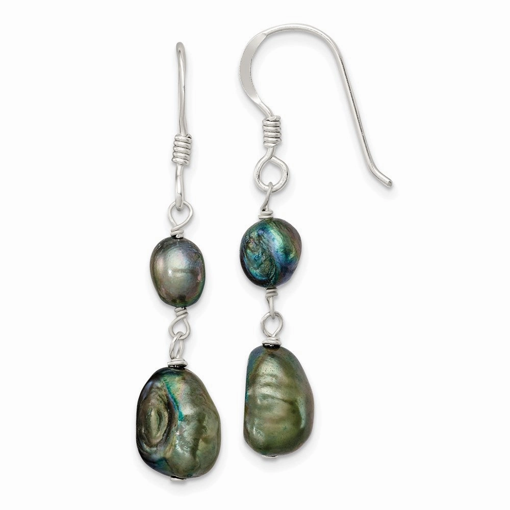 Sterling Silver Polished 5-9mm Black Baroque Freshwater Cultured Pearl Dangle Earrings