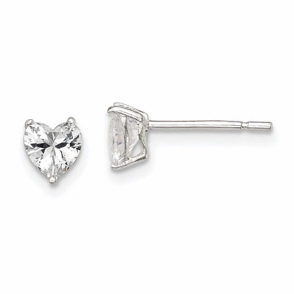 Sterling Silver Polished 5mm Heart 3 Prong Basket Set CZ Stud Earrings