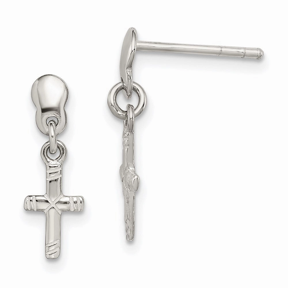 Sterling Silver Polished & Grooved Latin Cross Post Dangle Earrings