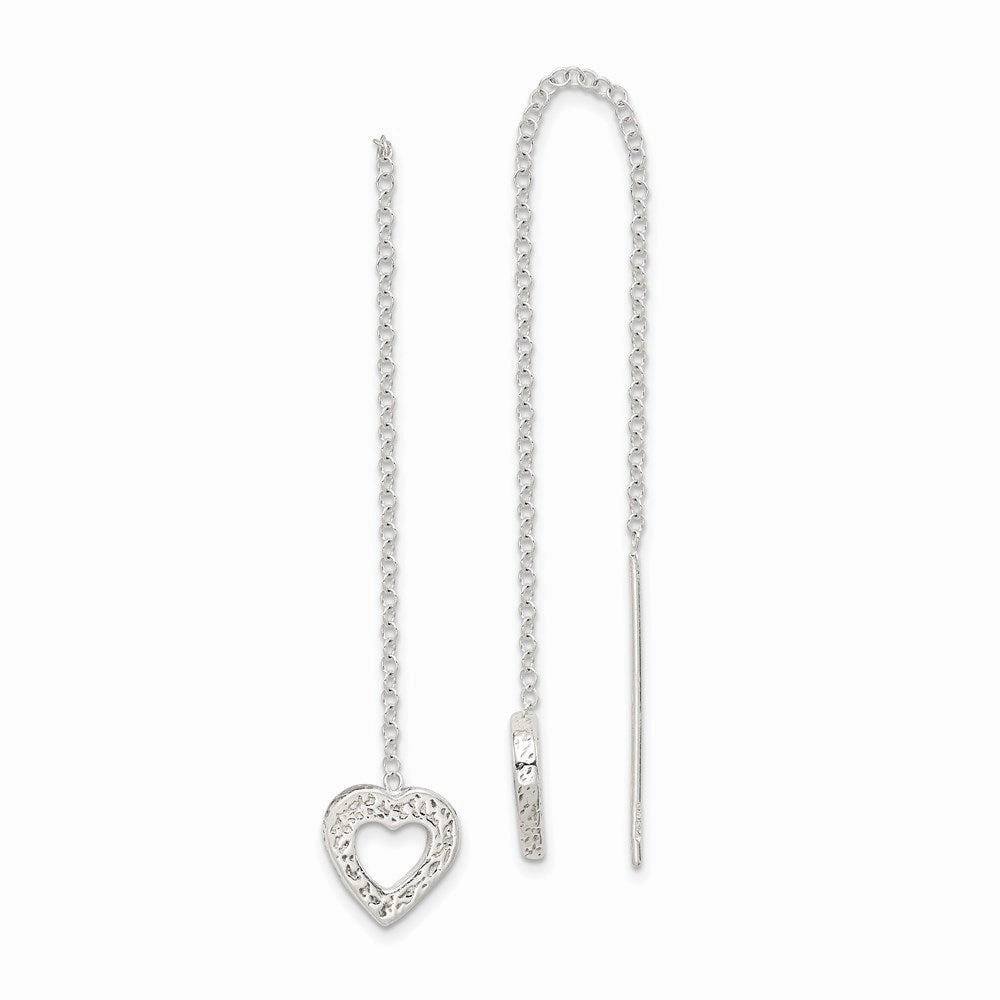 Sterling Silver Polished & Hammered Heart Threader Earrings