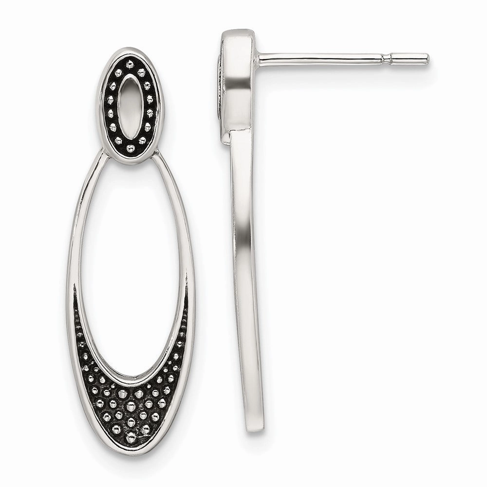 Sterling Silver Polished and Antiqued Oval Post Earrings